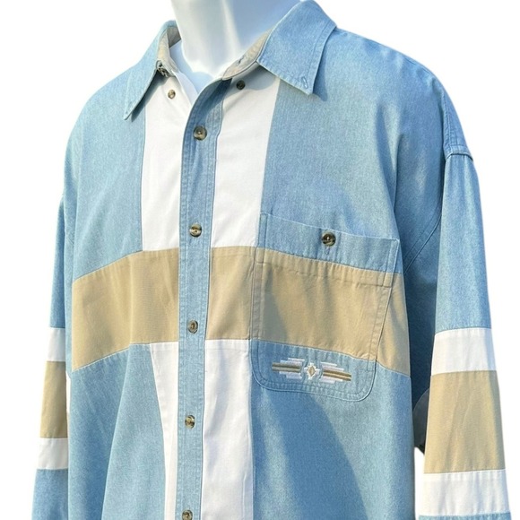 VTG 90s Wrangler Western Shirt XXL Colorblock Denim Blue Tan White SW Country - Picture 1 of 11